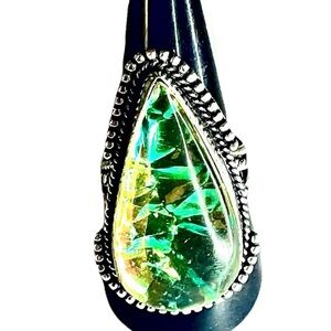 New 925 Sterling Silver Green Yellow Triplet Opalite Artisten Tear Drop Ring